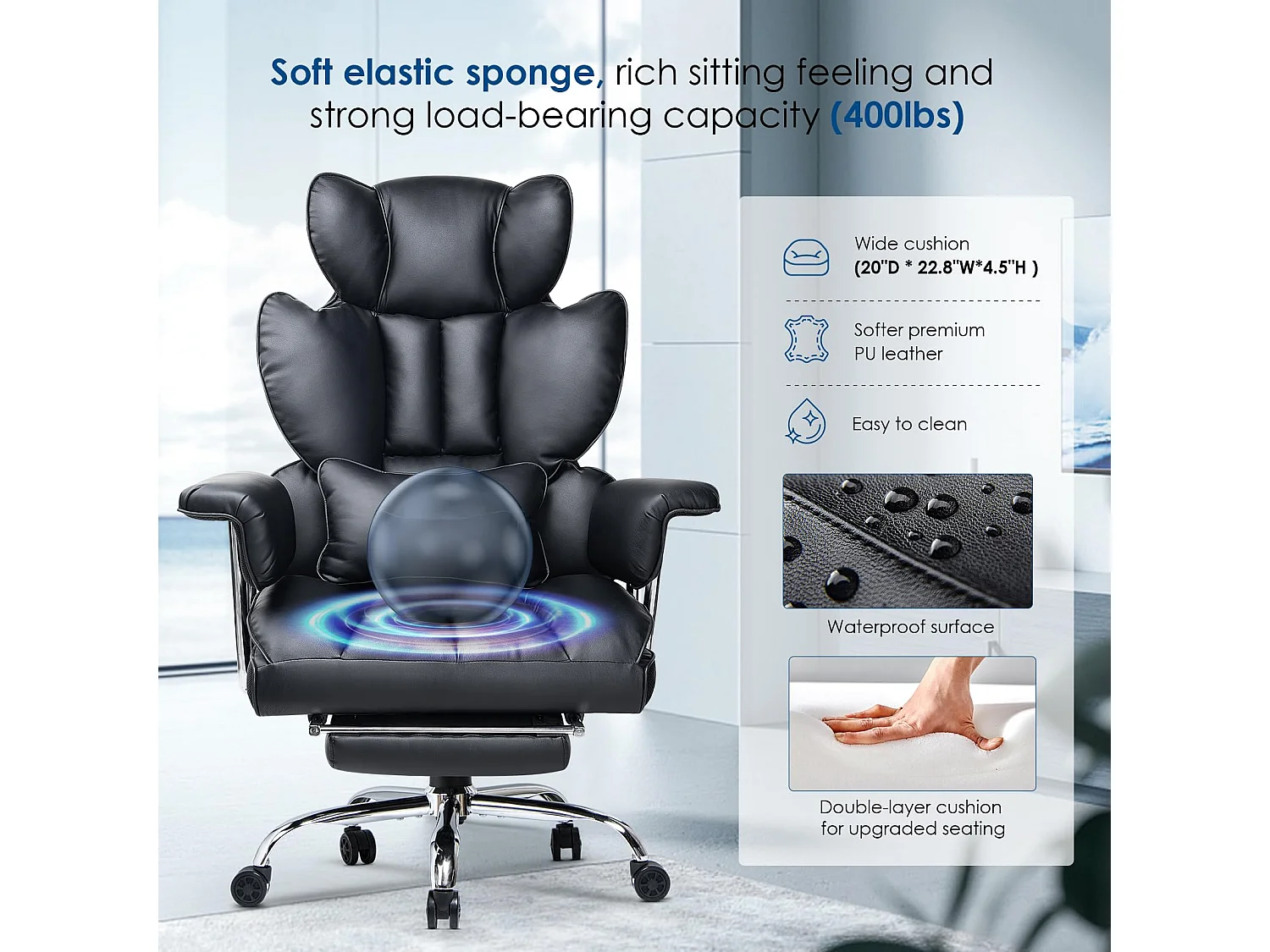 Fauteuil de bureau pivotant ergonomique en cuir à dossier haut avec repose-pieds, pour le bureau à domicile