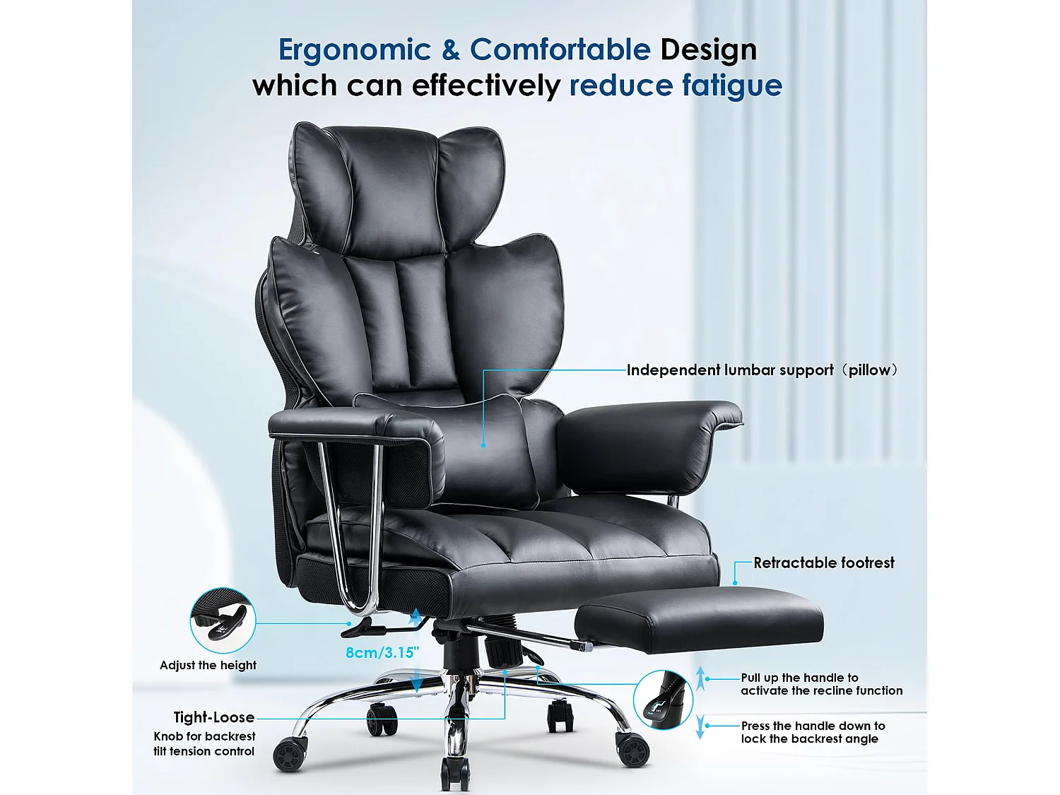 Fauteuil de bureau pivotant ergonomique en cuir à dossier haut avec repose-pieds, pour le bureau à domicile