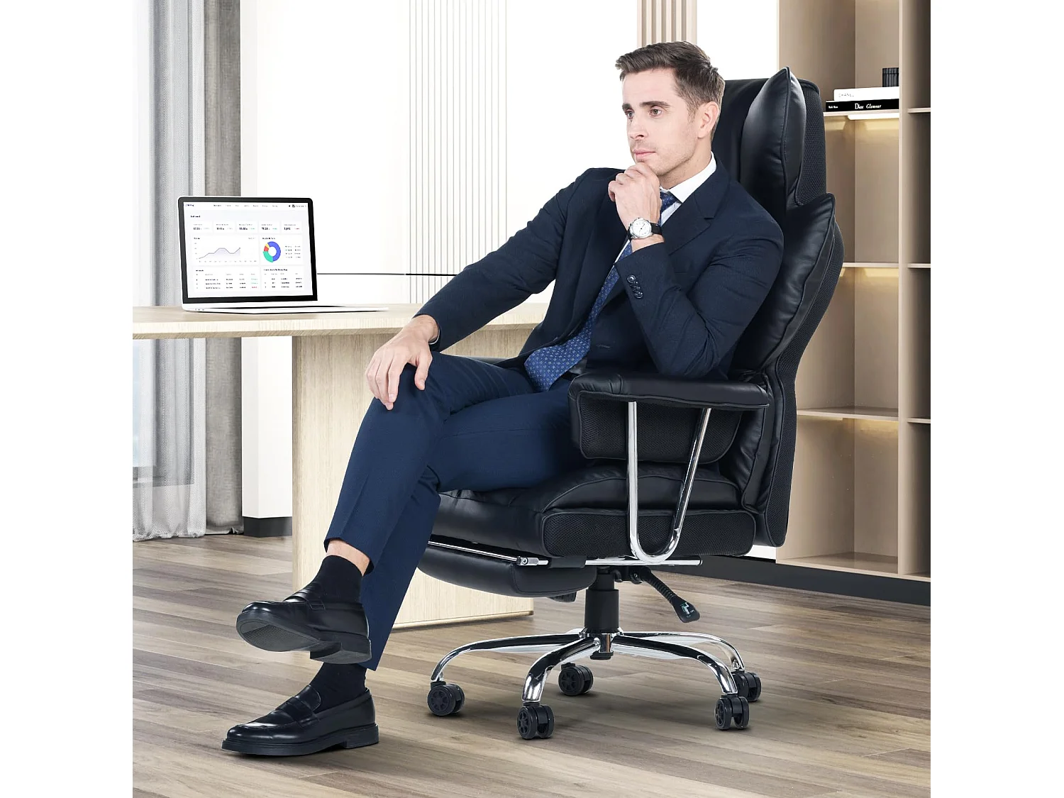 Fauteuil de bureau pivotant ergonomique en cuir à dossier haut avec repose-pieds, pour le bureau à domicile