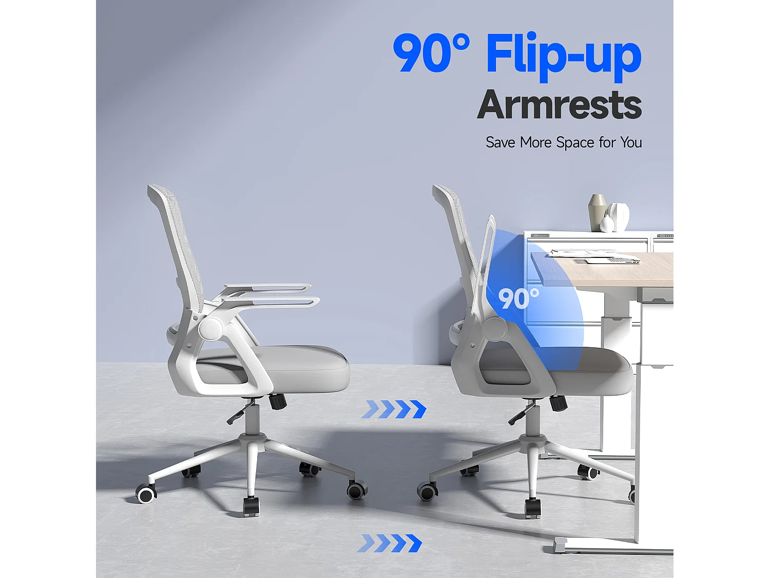 Fauteuil de bureau pivotant avec accoudoirs relevables à 90° et soutien lombaire, pour la maison ou le bureau