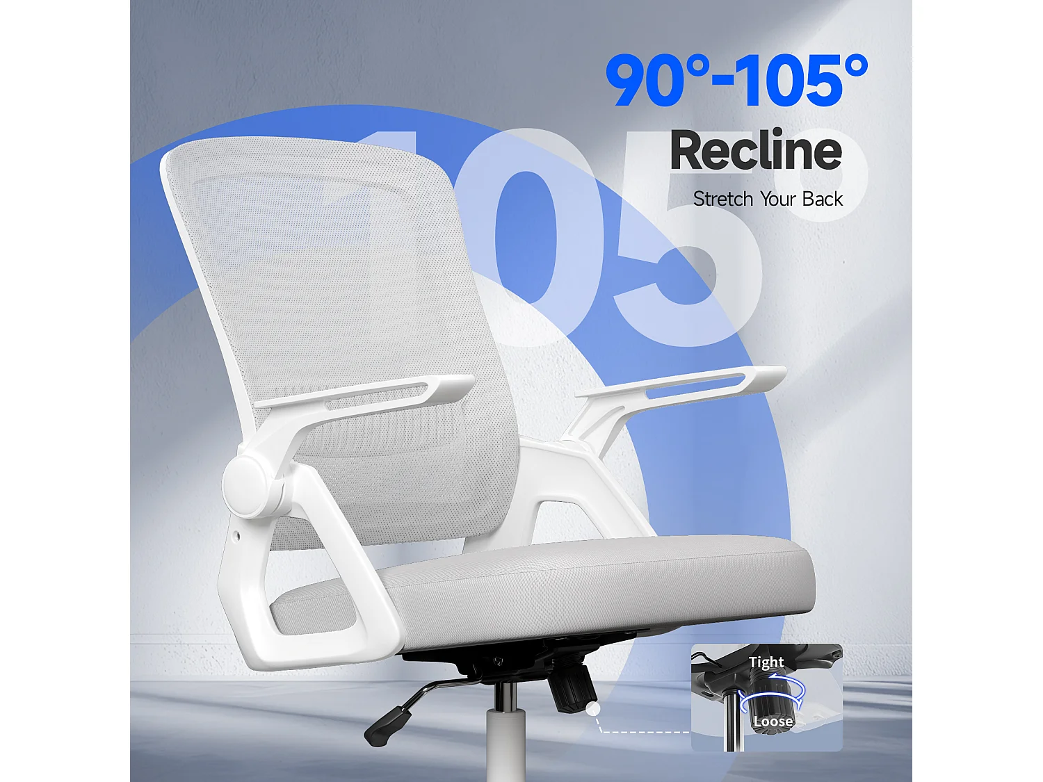 Fauteuil de bureau pivotant avec accoudoirs relevables à 90° et soutien lombaire, pour la maison ou le bureau