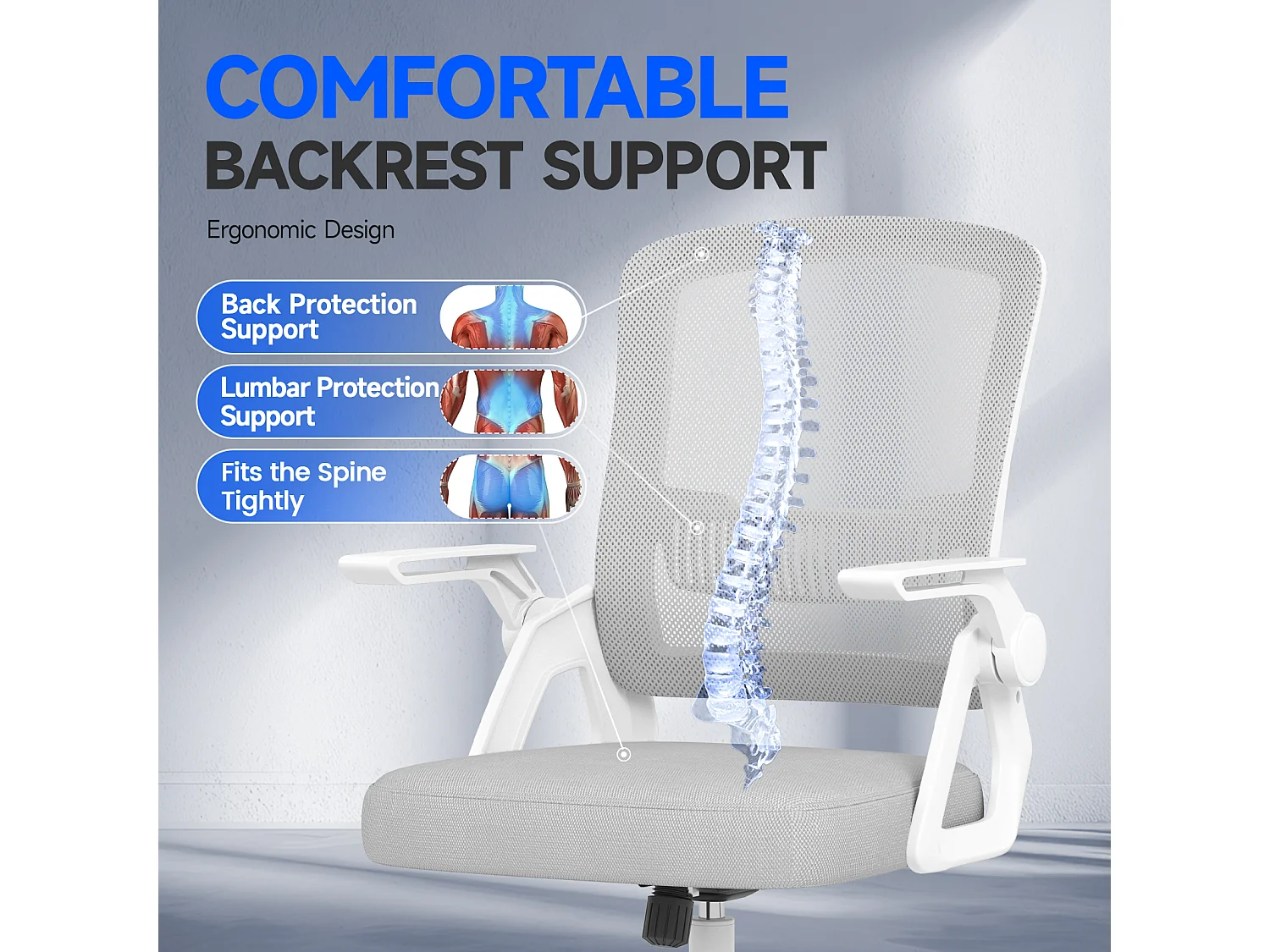 Fauteuil de bureau pivotant avec accoudoirs relevables à 90° et soutien lombaire, pour la maison ou le bureau