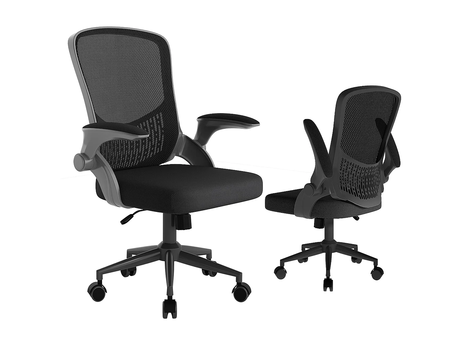 Chaise de bureau ergonomique avec accoudoirs rabattables, dossier moyen en résille avec soutien lombaire, hauteur réglable et rangement intégré au dossier