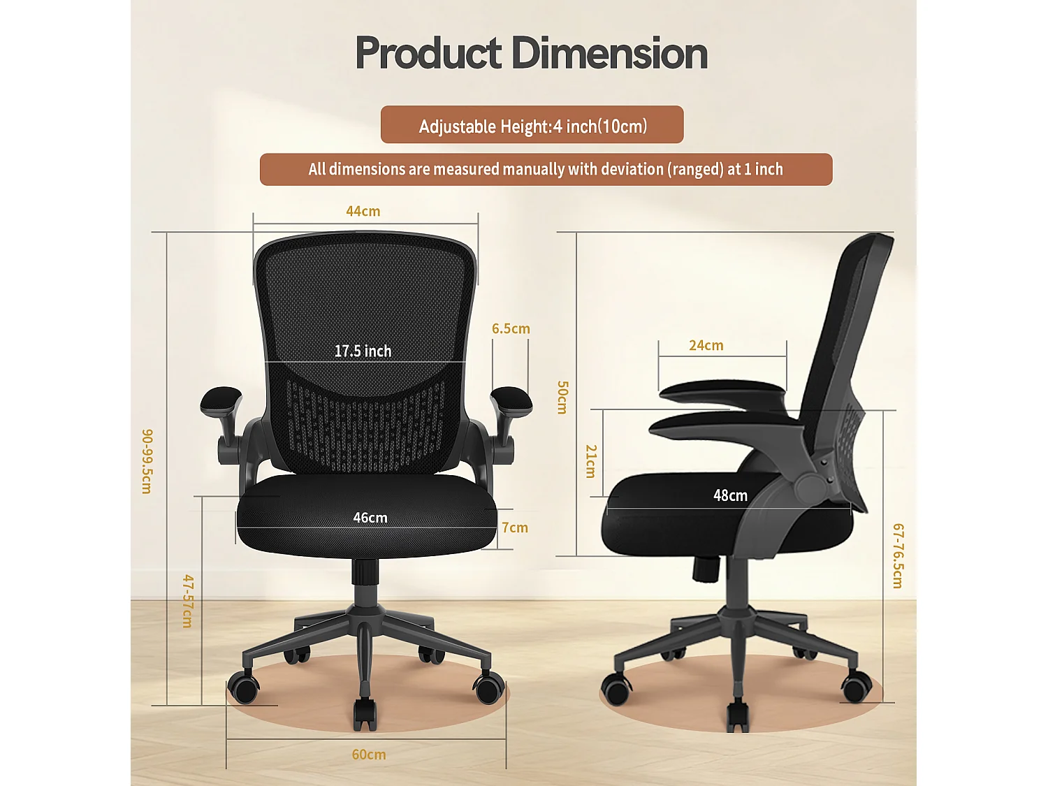 Chaise de bureau ergonomique avec accoudoirs rabattables, dossier moyen en résille avec soutien lombaire, hauteur réglable et rangement intégré au dossier