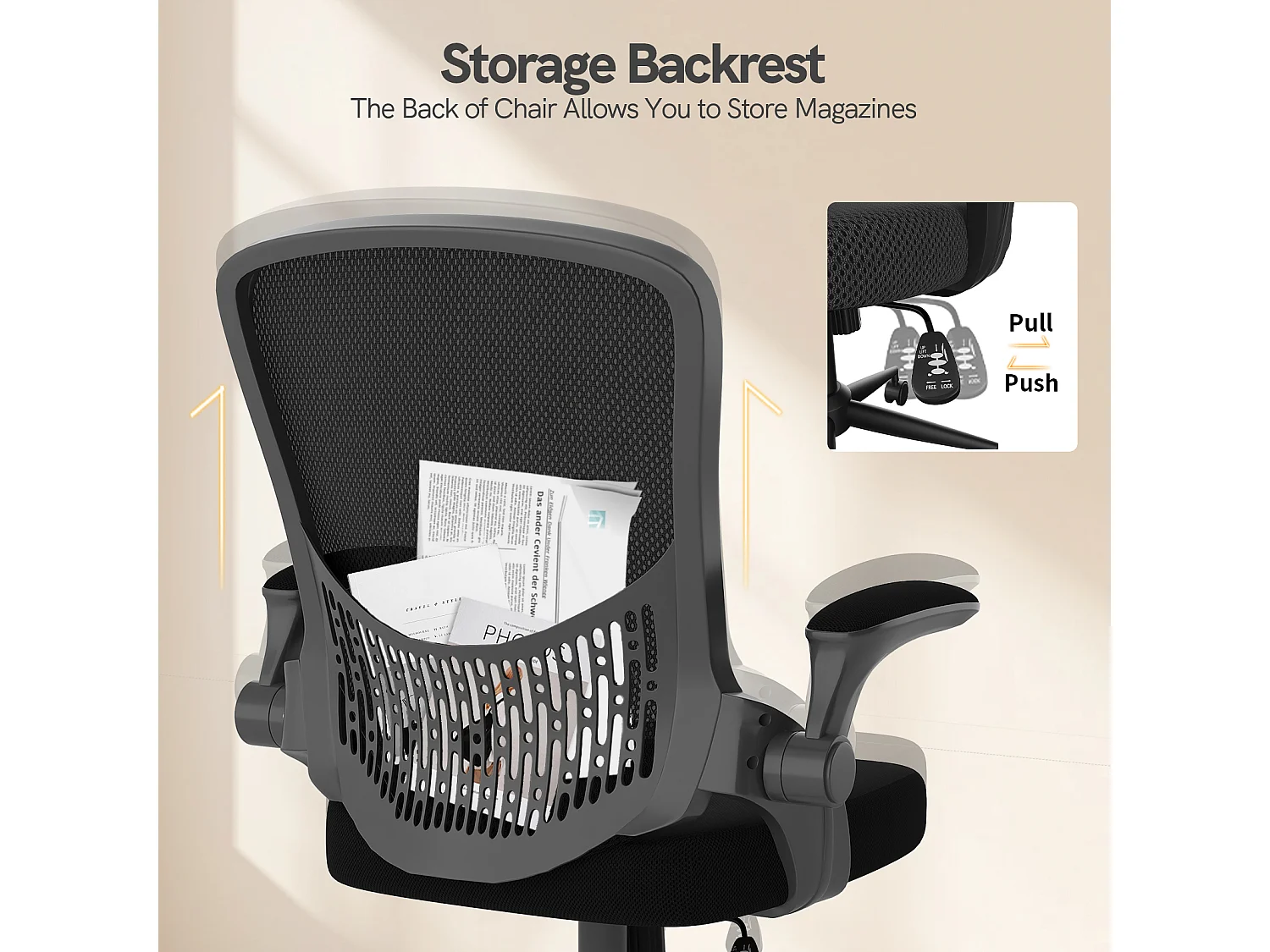 Chaise de bureau ergonomique avec accoudoirs rabattables, dossier moyen en résille avec soutien lombaire, hauteur réglable et rangement intégré au dossier