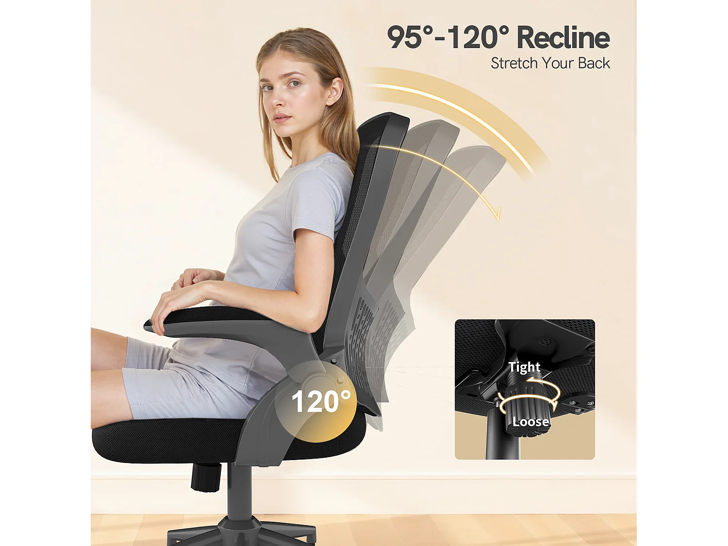 Chaise de bureau ergonomique avec accoudoirs rabattables, dossier moyen en résille avec soutien lombaire, hauteur réglable et rangement intégré au dossier