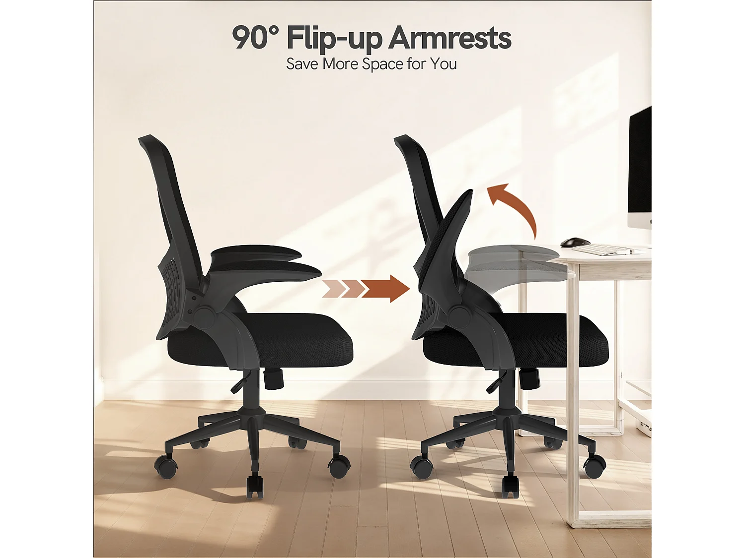 Chaise de bureau ergonomique avec accoudoirs rabattables, dossier moyen en résille avec soutien lombaire, hauteur réglable et rangement intégré au dossier