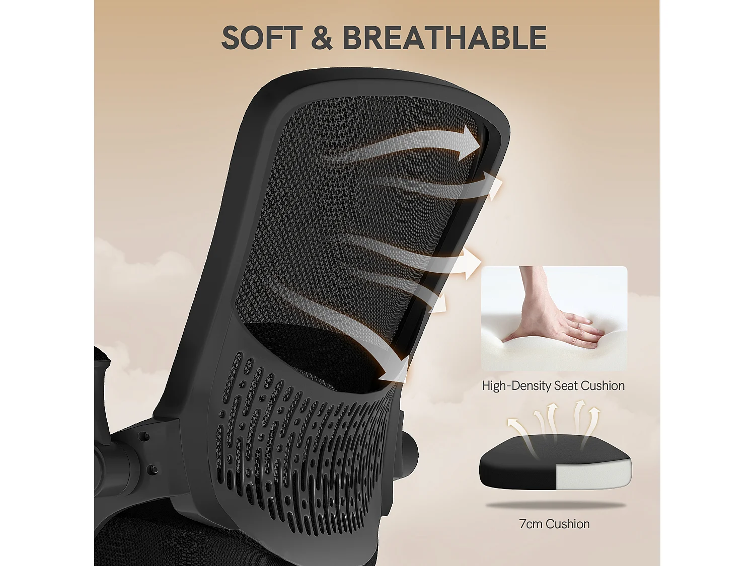 Chaise de bureau ergonomique avec accoudoirs rabattables, dossier moyen en résille avec soutien lombaire, hauteur réglable et rangement intégré au dossier