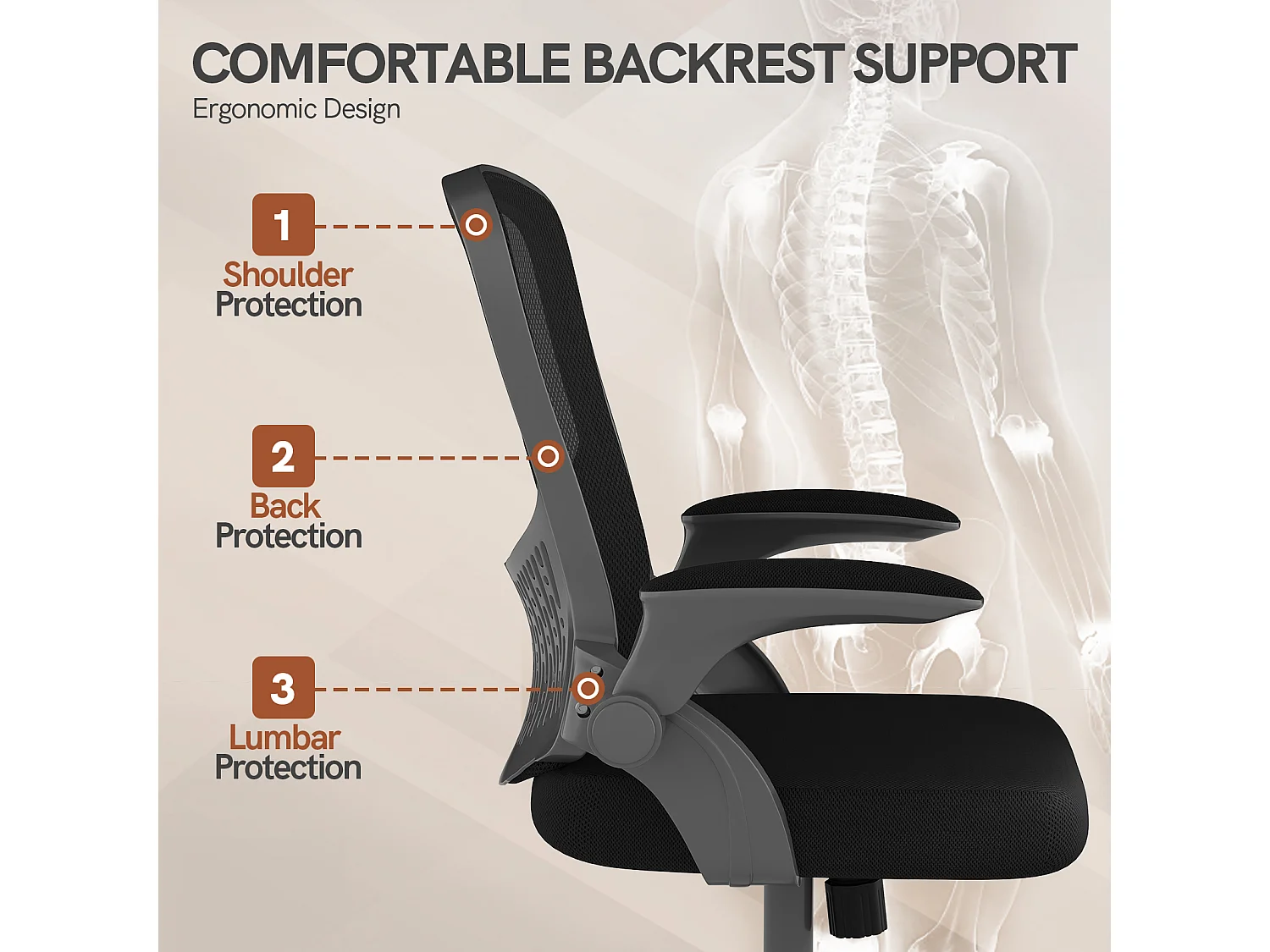 Chaise de bureau ergonomique avec accoudoirs rabattables, dossier moyen en résille avec soutien lombaire, hauteur réglable et rangement intégré au dossier