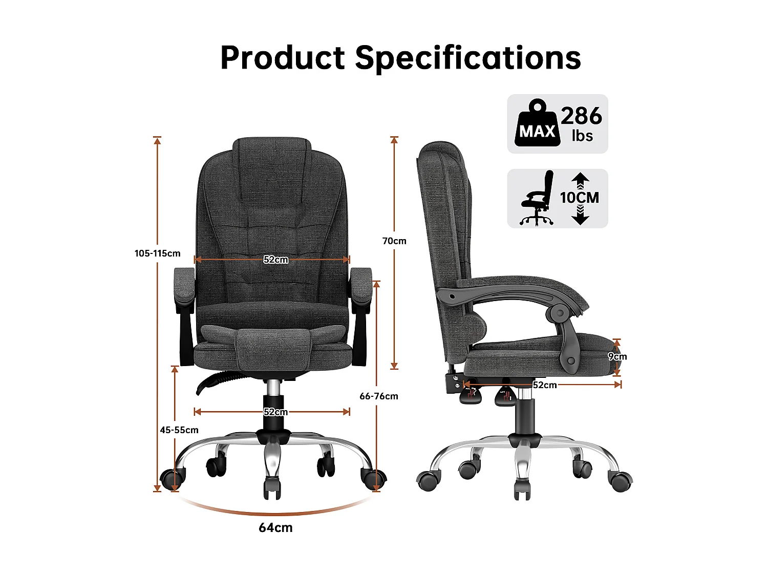 Fauteuil de bureau pivotant moderne à hauteur réglable avec large assise rembourrée