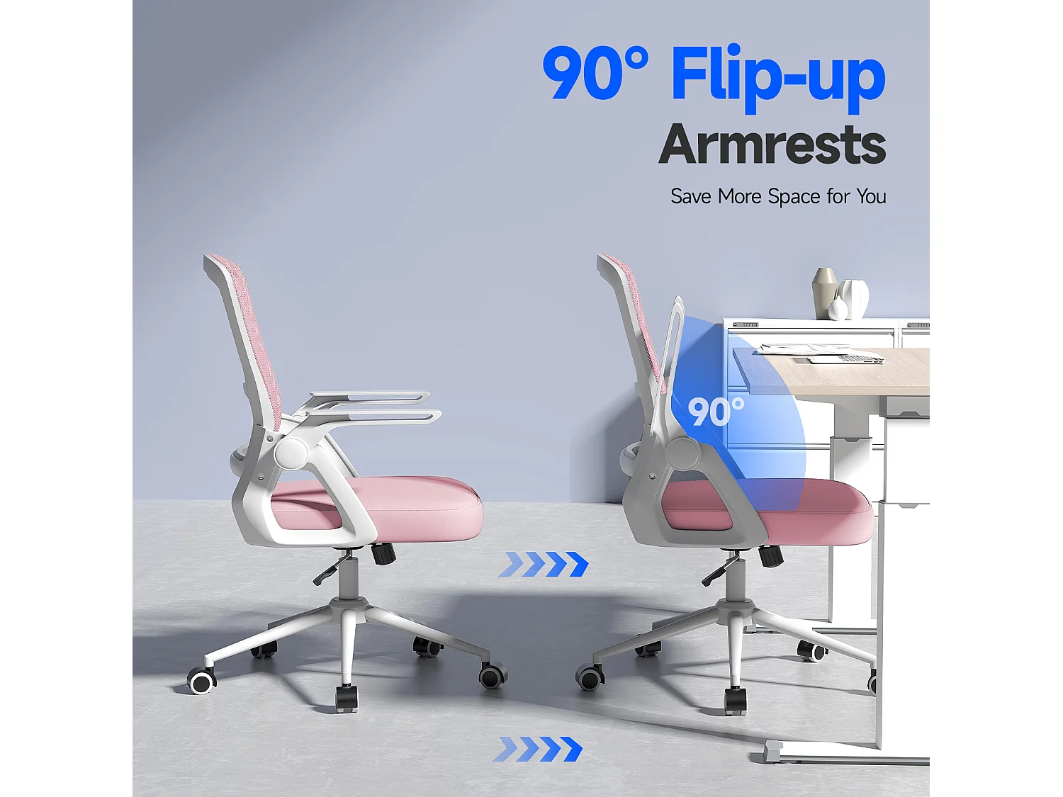 Fauteuil de bureau pivotant avec accoudoirs relevables à 90° et soutien lombaire, pour la maison ou le bureau