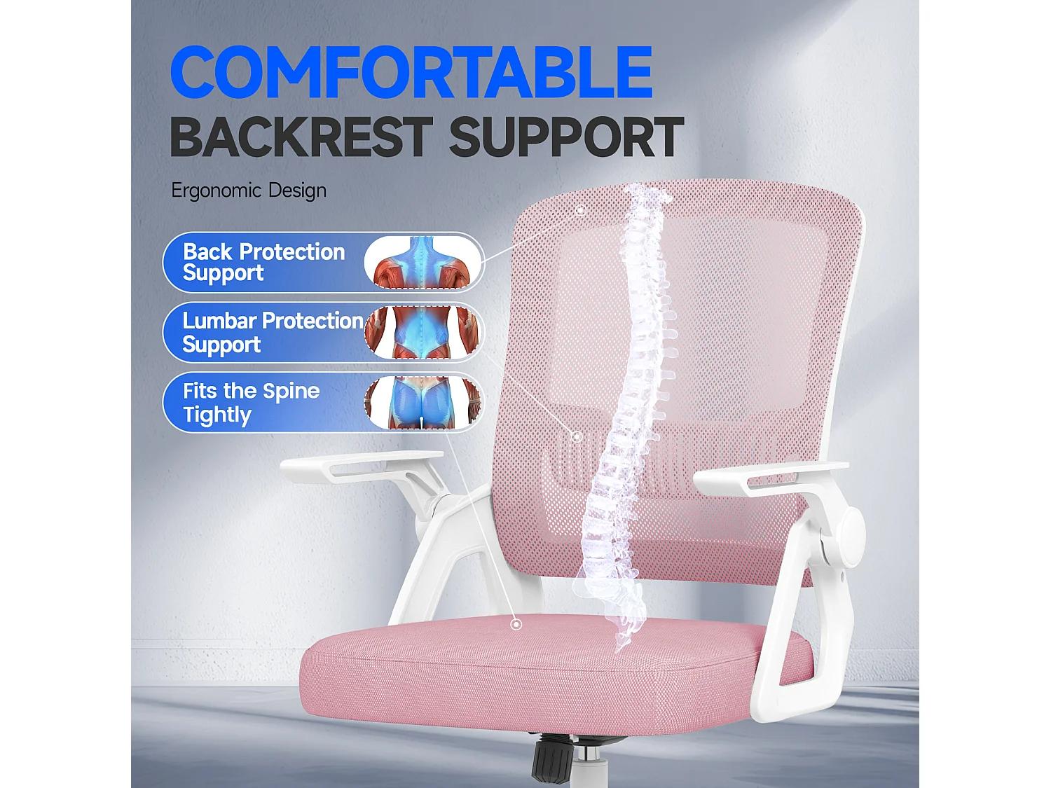 Fauteuil de bureau pivotant avec accoudoirs relevables à 90° et soutien lombaire, pour la maison ou le bureau