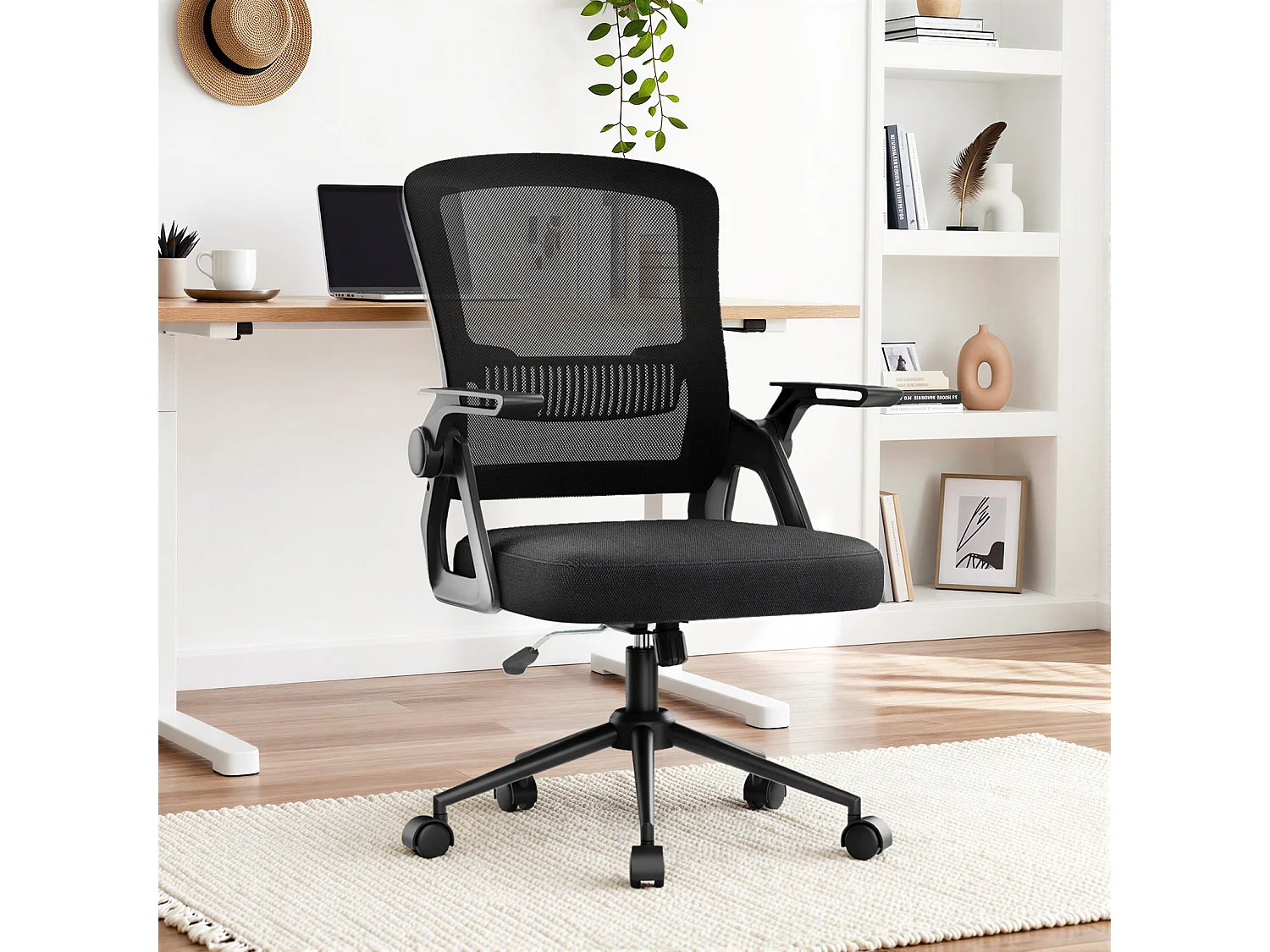 Fauteuil de bureau pivotant avec accoudoirs relevables à 90° et soutien lombaire, pour la maison ou le bureau