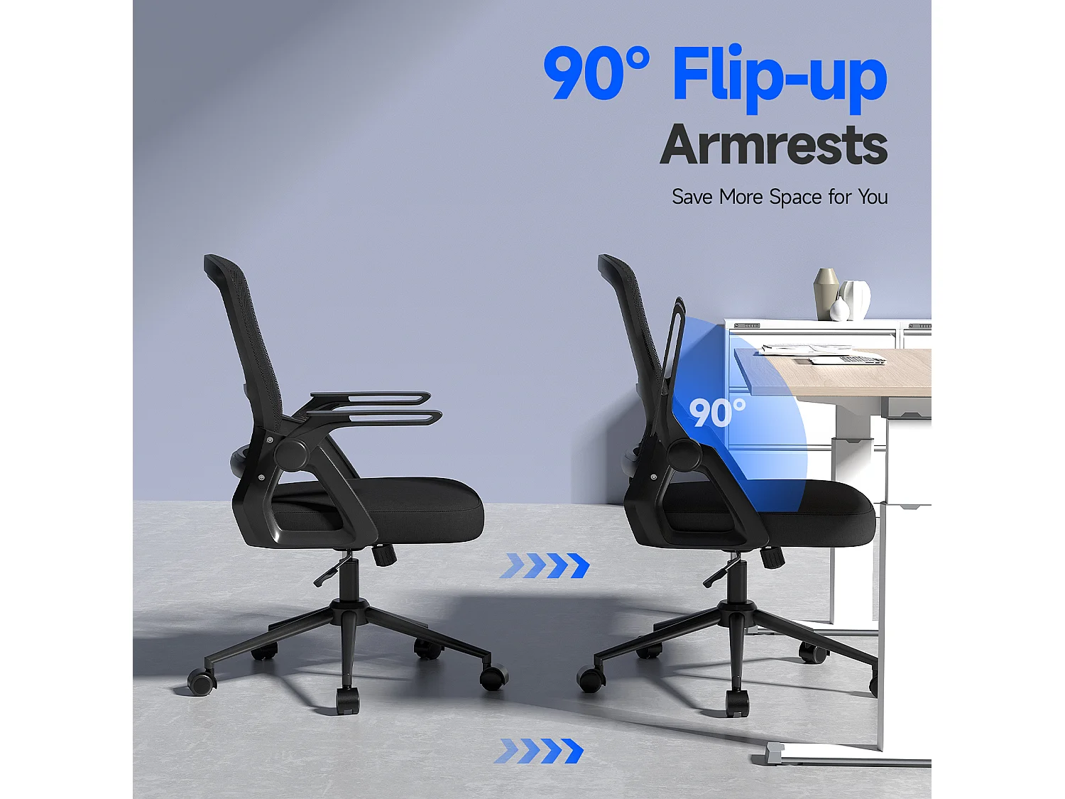 Fauteuil de bureau pivotant avec accoudoirs relevables à 90° et soutien lombaire, pour la maison ou le bureau