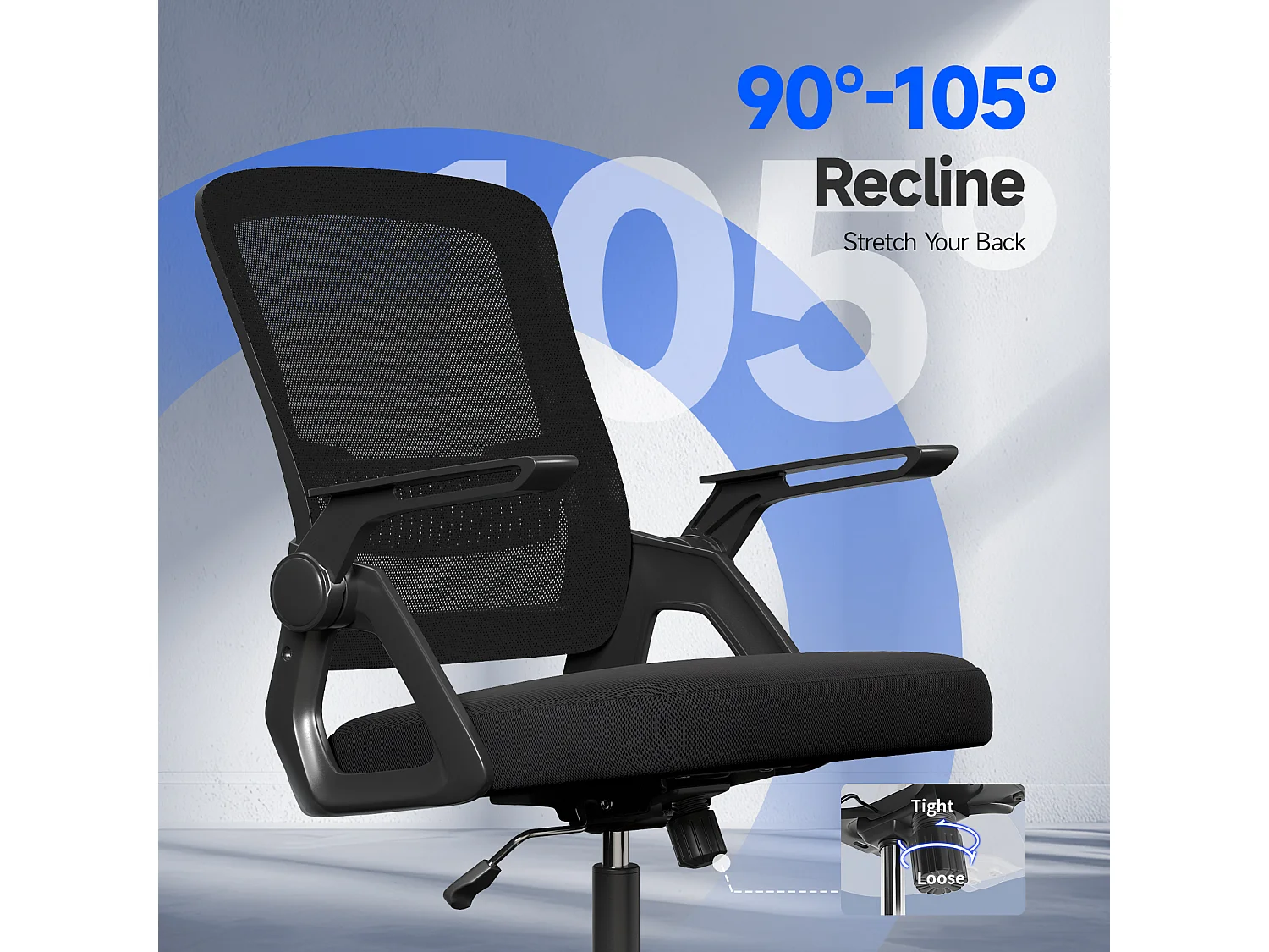 Fauteuil de bureau pivotant avec accoudoirs relevables à 90° et soutien lombaire, pour la maison ou le bureau