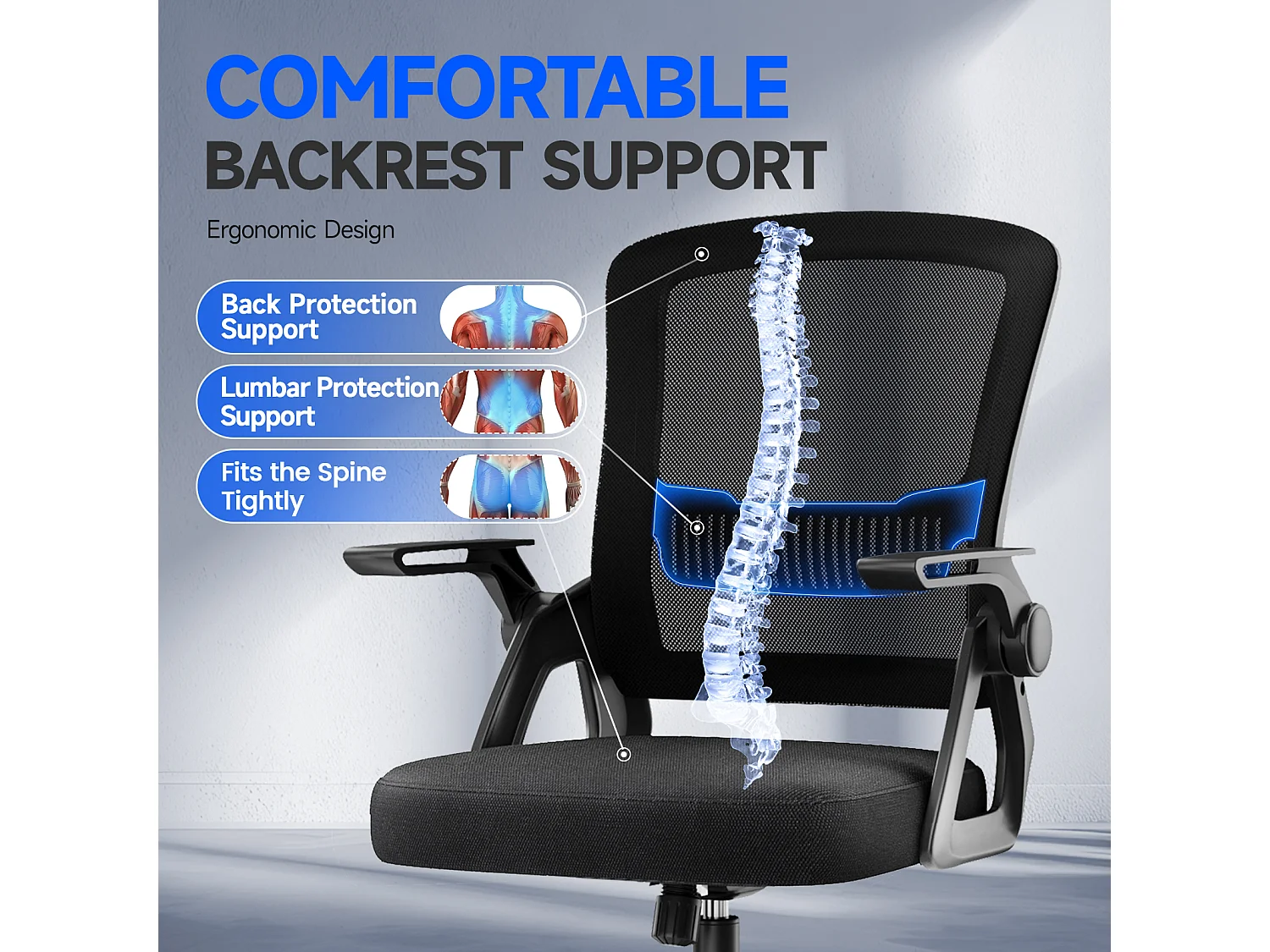 Fauteuil de bureau pivotant avec accoudoirs relevables à 90° et soutien lombaire, pour la maison ou le bureau