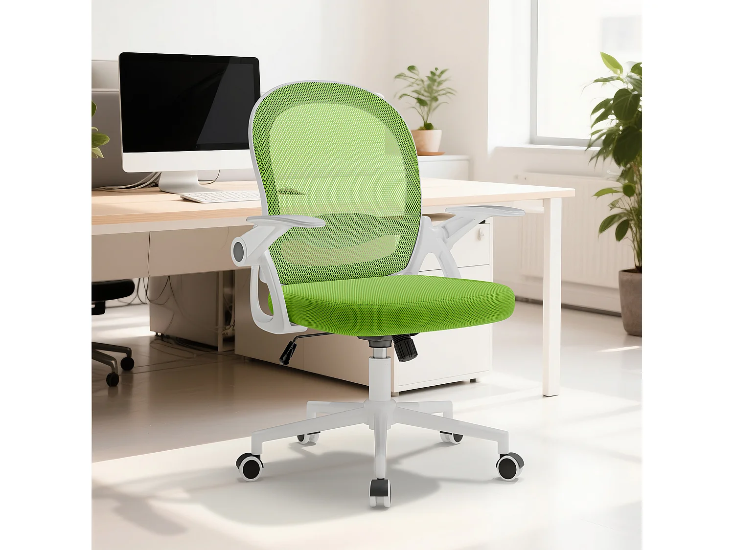 Chaise de bureau ergonomique à dossier moyen en maille, avec accoudoirs rabattables, soutien lombaire et fonction pivotante