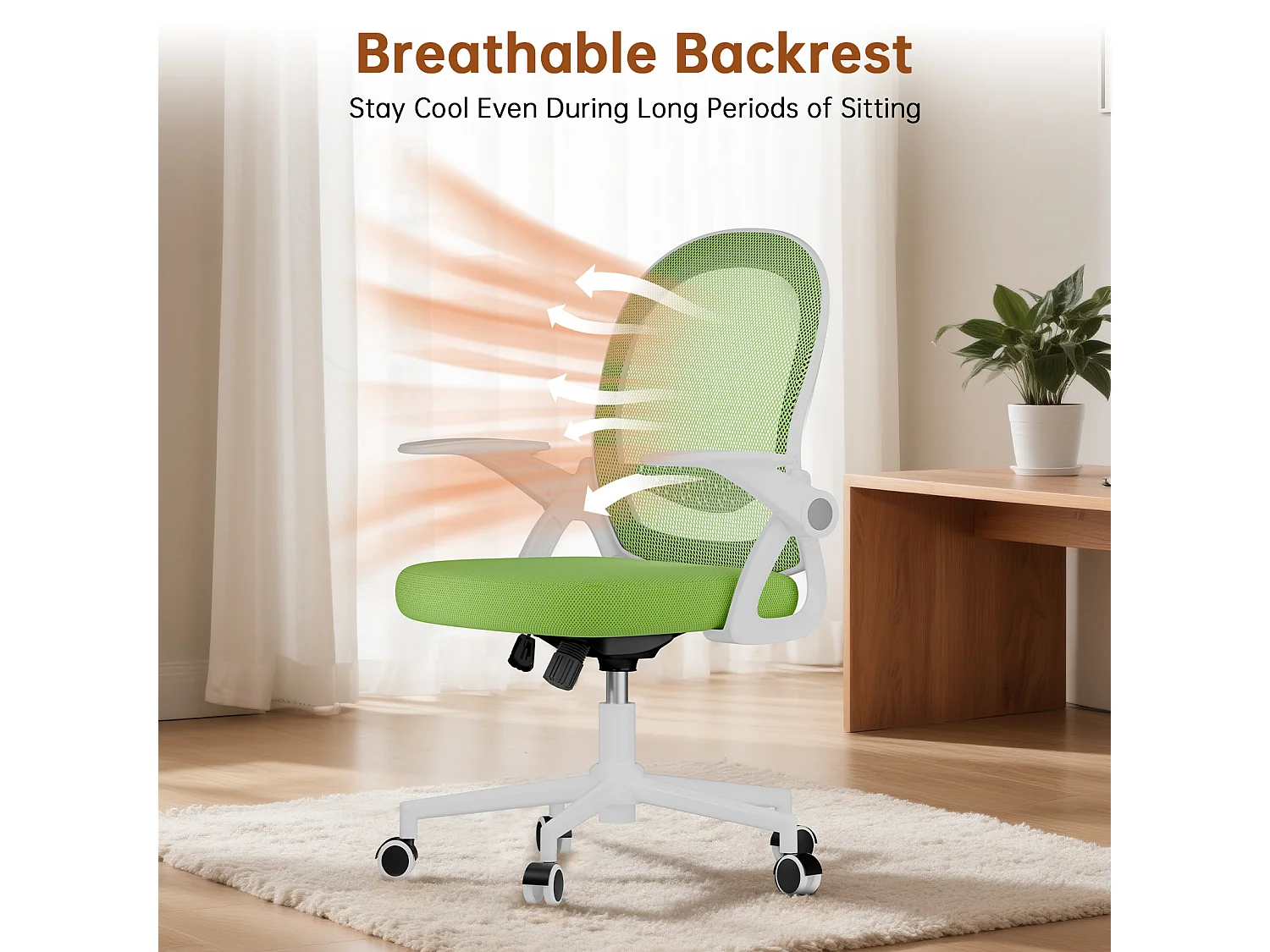 Chaise de bureau ergonomique à dossier moyen en maille, avec accoudoirs rabattables, soutien lombaire et fonction pivotante