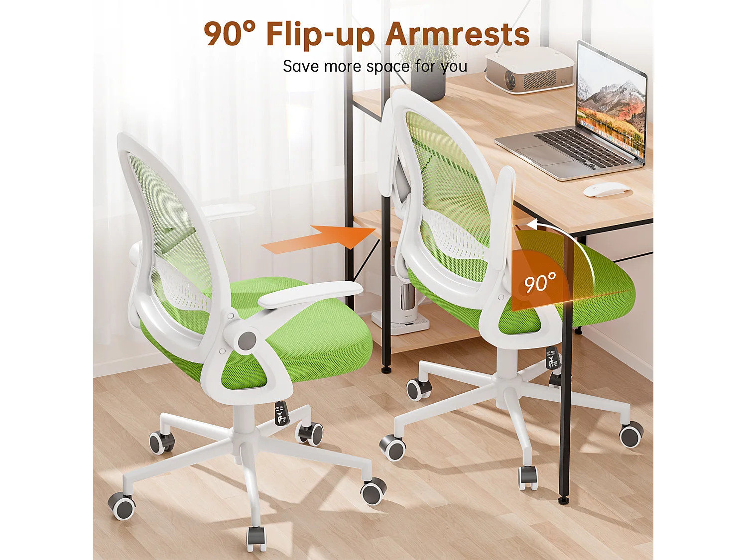 Chaise de bureau ergonomique à dossier moyen en maille, avec accoudoirs rabattables, soutien lombaire et fonction pivotante