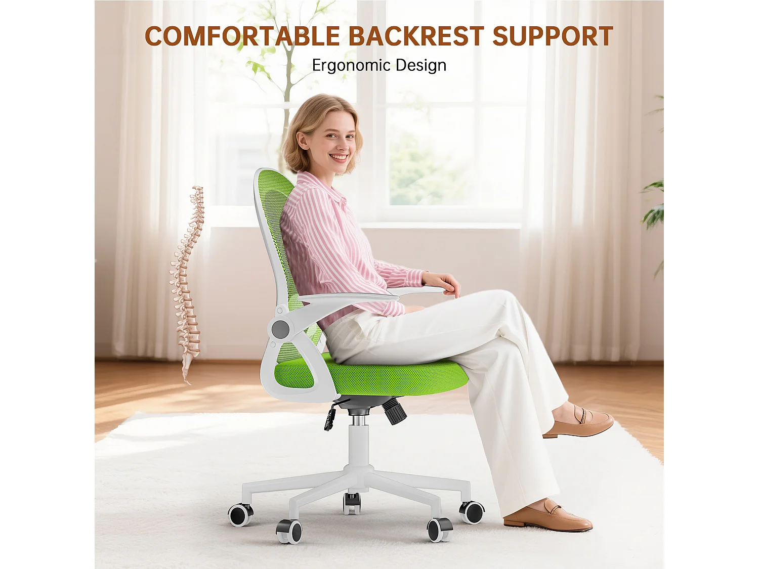 Chaise de bureau ergonomique à dossier moyen en maille, avec accoudoirs rabattables, soutien lombaire et fonction pivotante