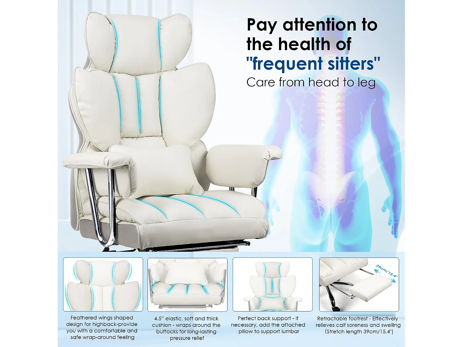 Fauteuil de bureau pivotant ergonomique en cuir à dossier haut avec repose-pieds, pour le bureau à domicile