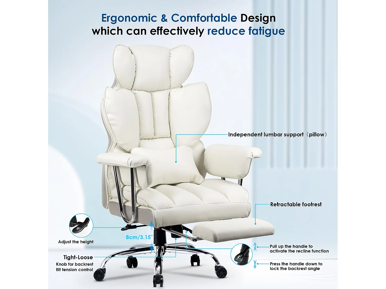 Fauteuil de bureau pivotant ergonomique en cuir à dossier haut avec repose-pieds, pour le bureau à domicile