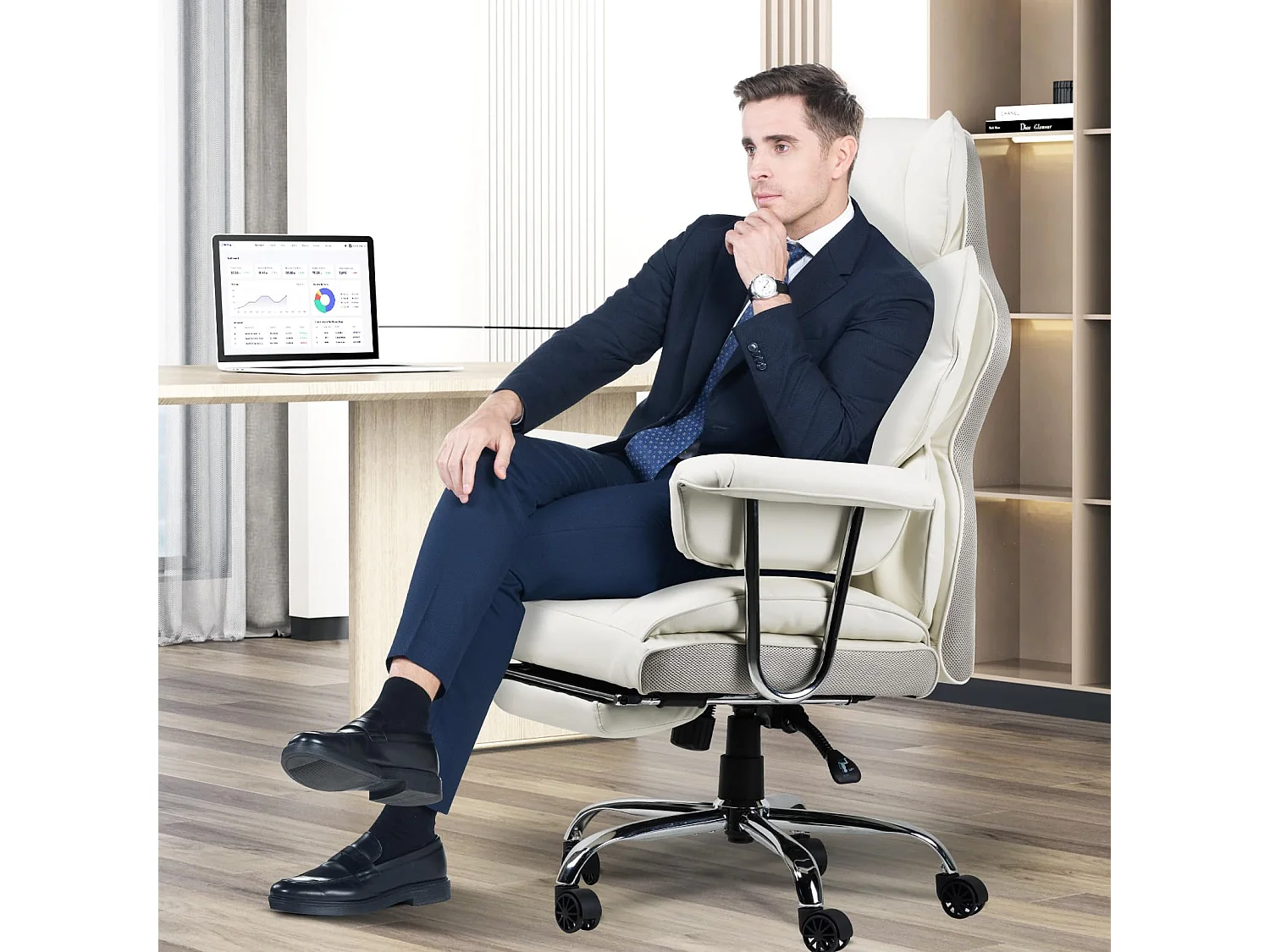 Fauteuil de bureau pivotant ergonomique en cuir à dossier haut avec repose-pieds, pour le bureau à domicile