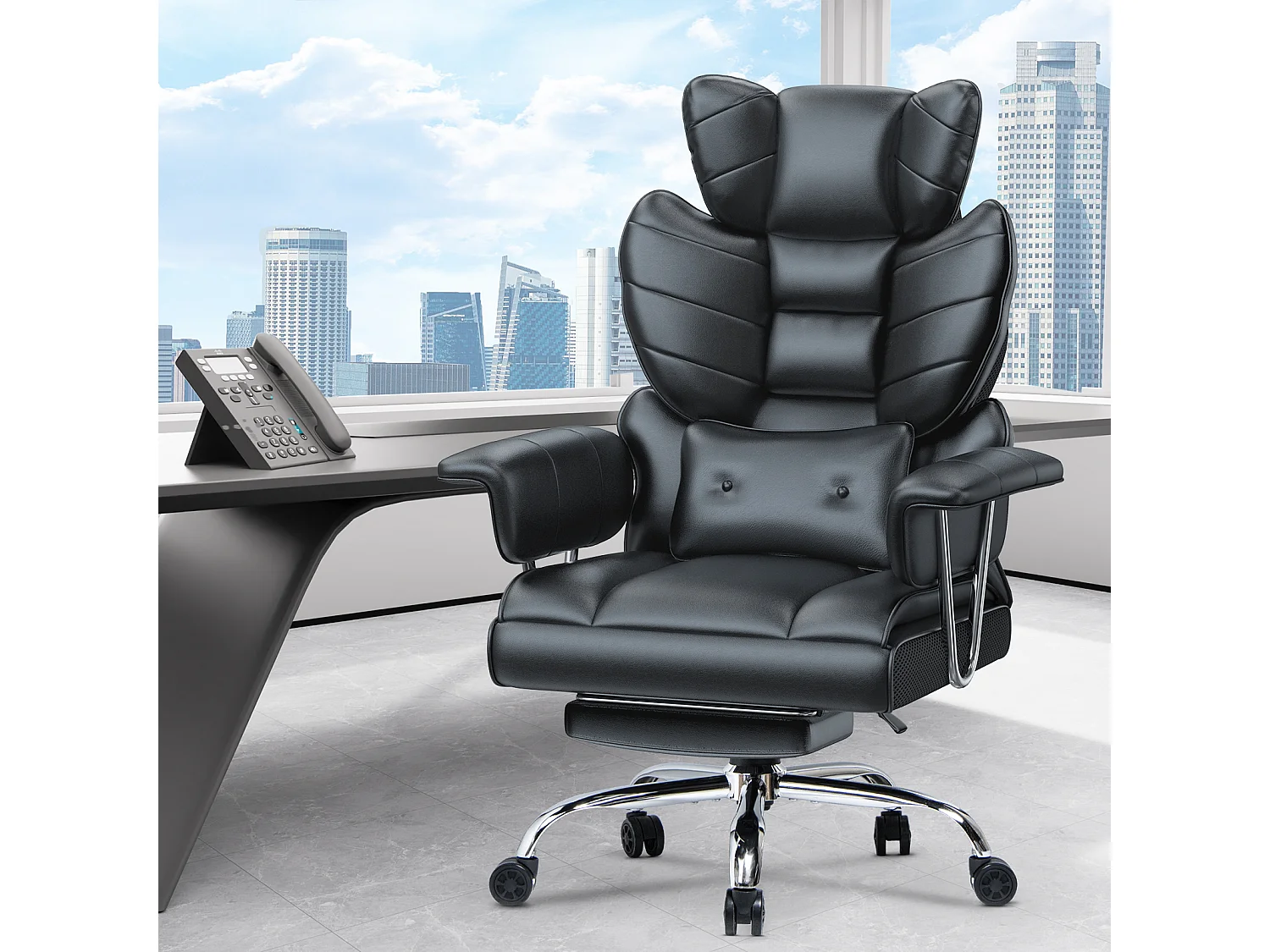 Chaise de bureau ergonomique avec dossier à ailes réglable, soutien lombaire en similicuir et repose-pieds, pour le bureau à domicile