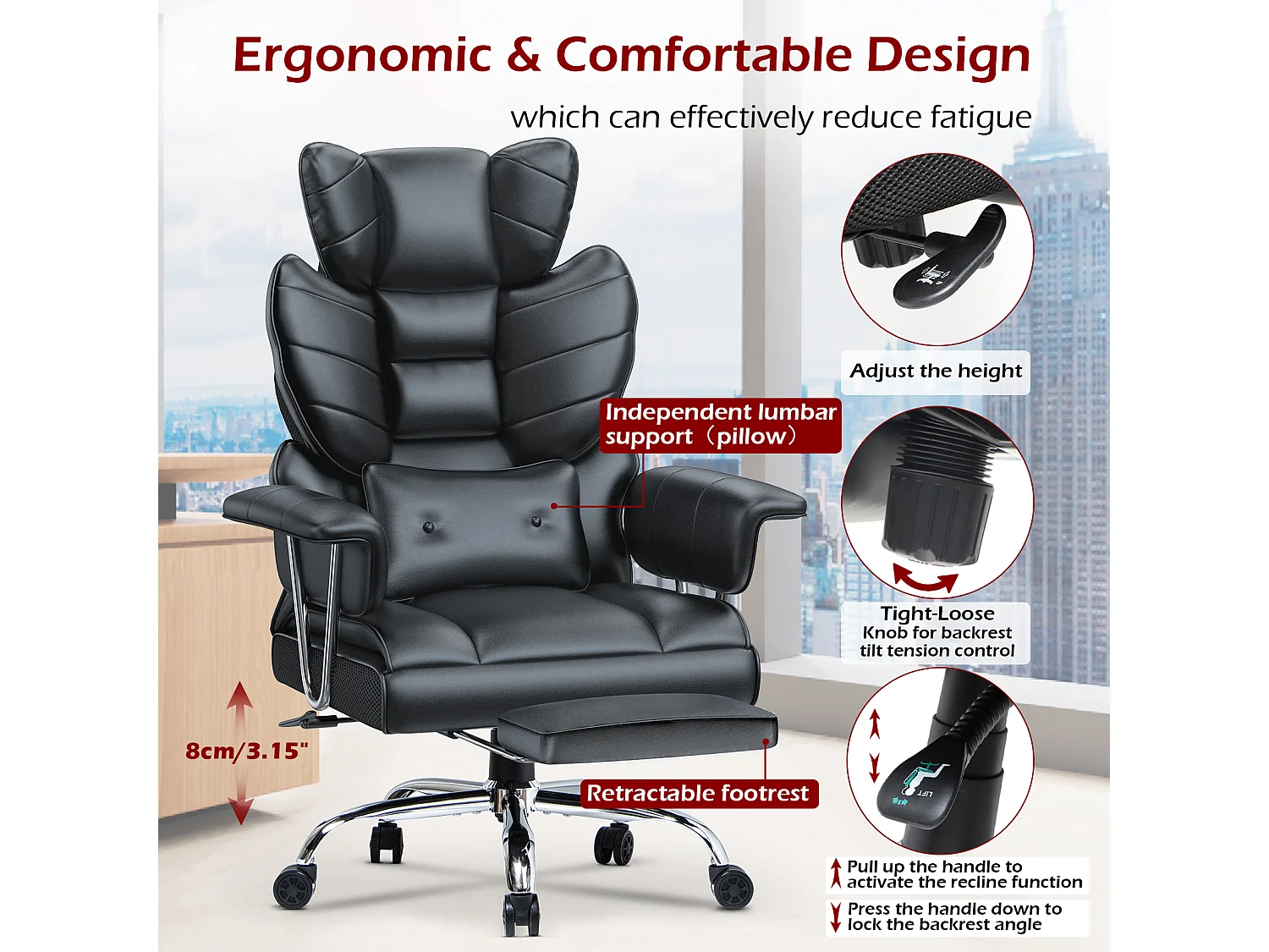 Chaise de bureau ergonomique avec dossier à ailes réglable, soutien lombaire en similicuir et repose-pieds, pour le bureau à domicile