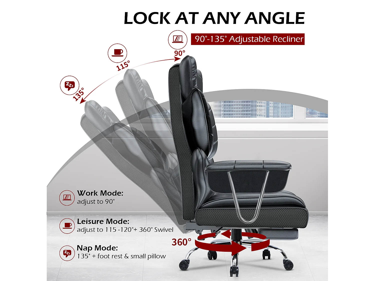 Chaise de bureau ergonomique avec dossier à ailes réglable, soutien lombaire en similicuir et repose-pieds, pour le bureau à domicile
