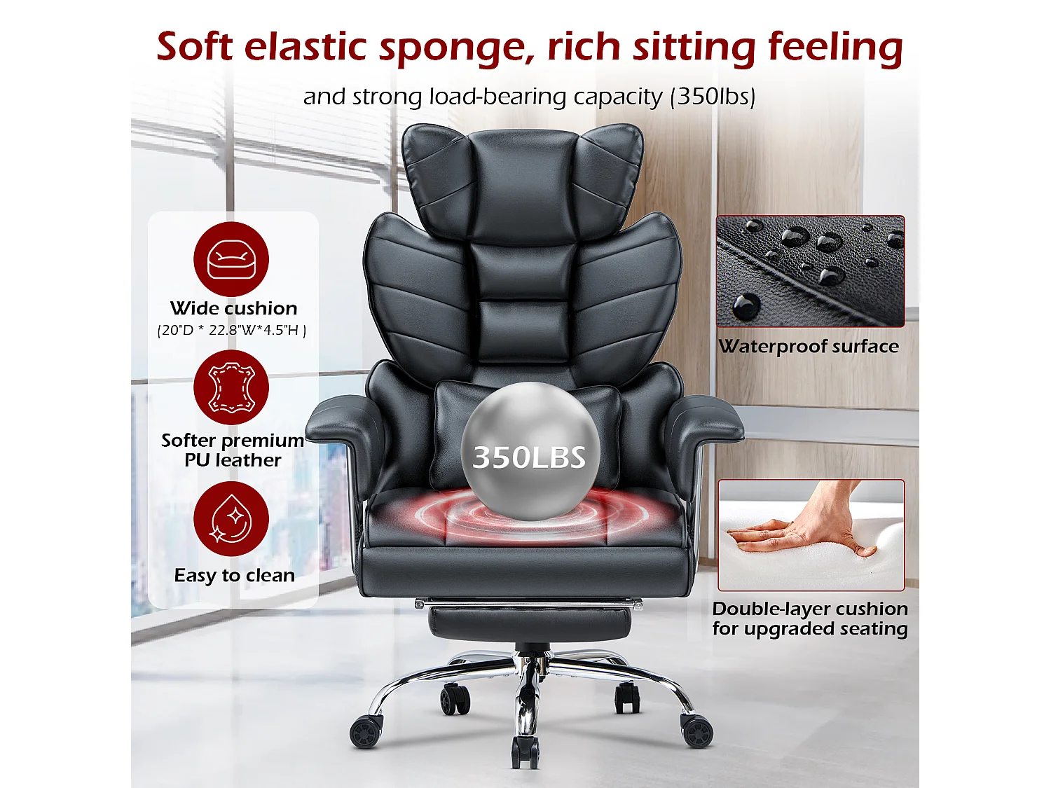 Chaise de bureau ergonomique avec dossier à ailes réglable, soutien lombaire en similicuir et repose-pieds, pour le bureau à domicile