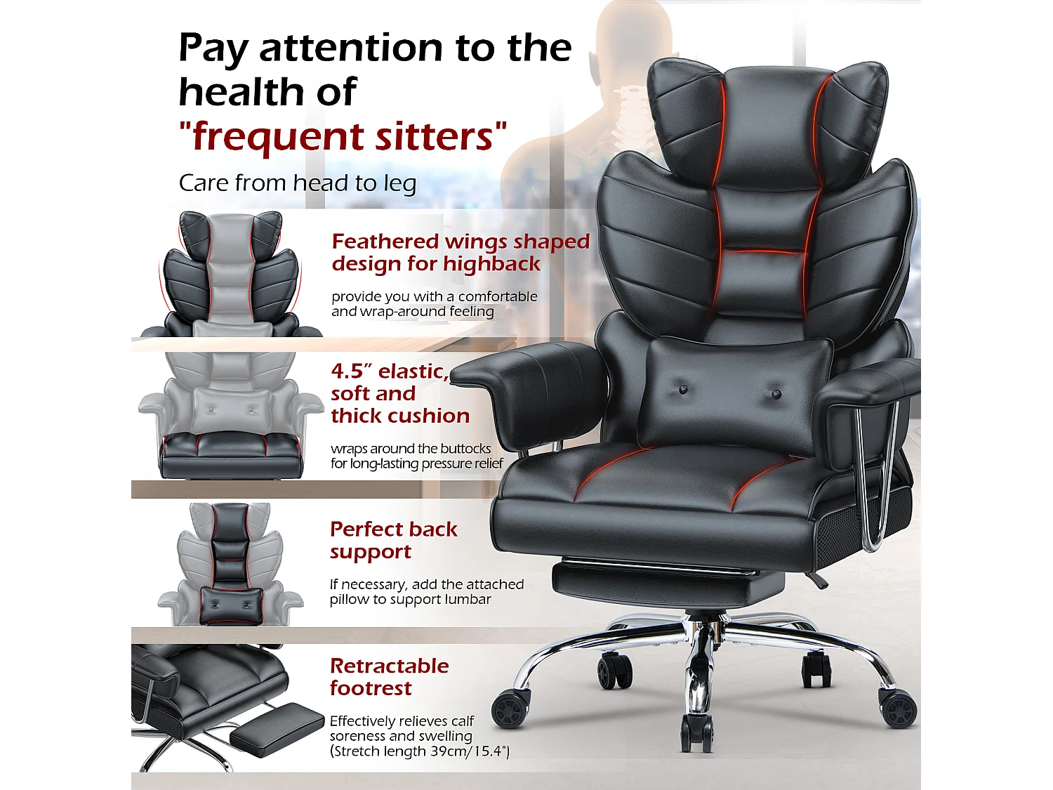 Chaise de bureau ergonomique avec dossier à ailes réglable, soutien lombaire en similicuir et repose-pieds, pour le bureau à domicile