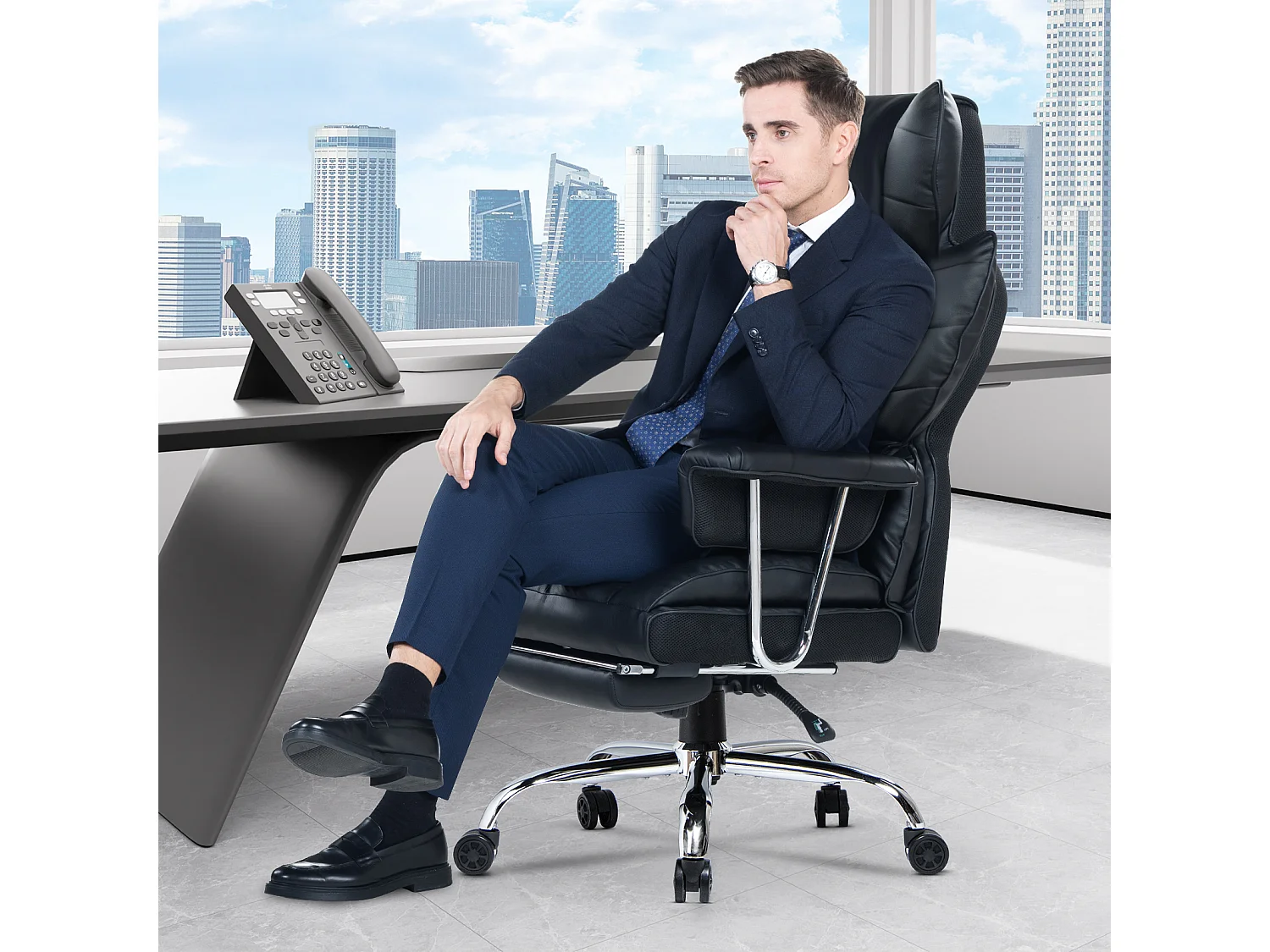 Chaise de bureau ergonomique avec dossier à ailes réglable, soutien lombaire en similicuir et repose-pieds, pour le bureau à domicile