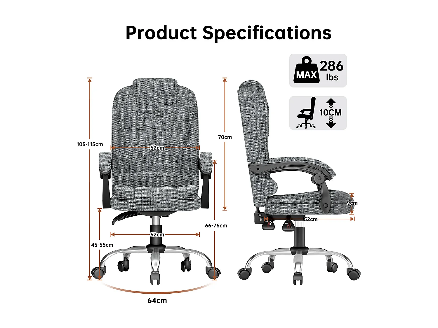 Fauteuil de bureau pivotant moderne à hauteur réglable avec large assise rembourrée