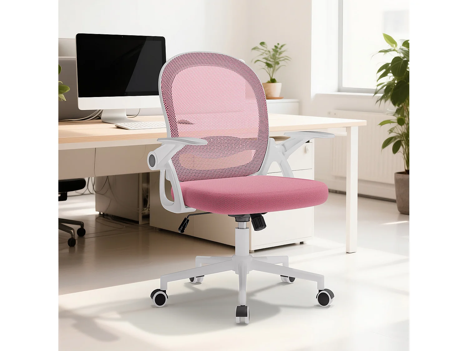 Chaise de bureau ergonomique à dossier moyen en maille, avec accoudoirs rabattables, soutien lombaire et fonction pivotante