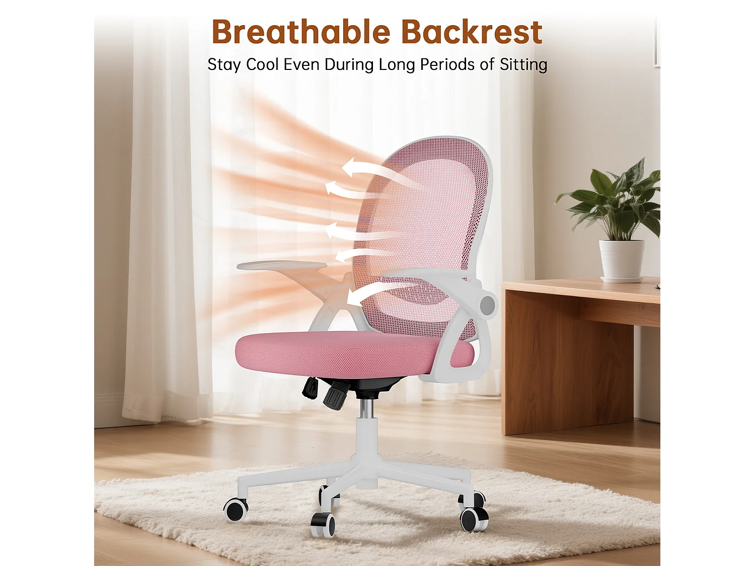 Chaise de bureau ergonomique à dossier moyen en maille, avec accoudoirs rabattables, soutien lombaire et fonction pivotante