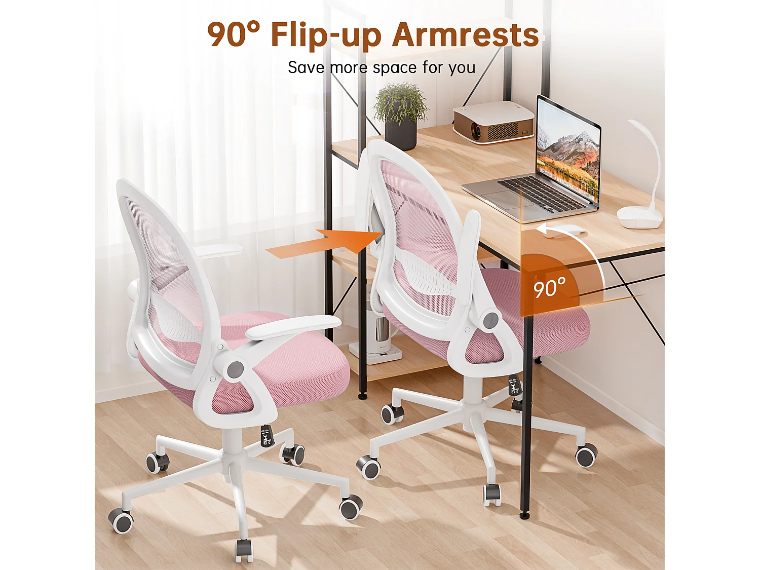 Chaise de bureau ergonomique à dossier moyen en maille, avec accoudoirs rabattables, soutien lombaire et fonction pivotante