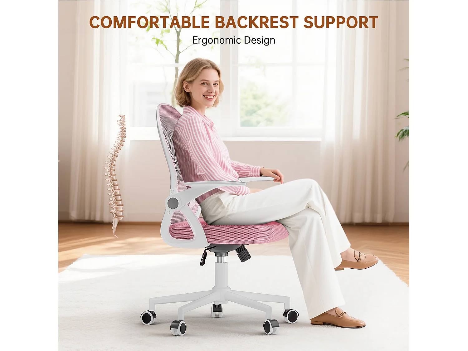 Chaise de bureau ergonomique à dossier moyen en maille, avec accoudoirs rabattables, soutien lombaire et fonction pivotante