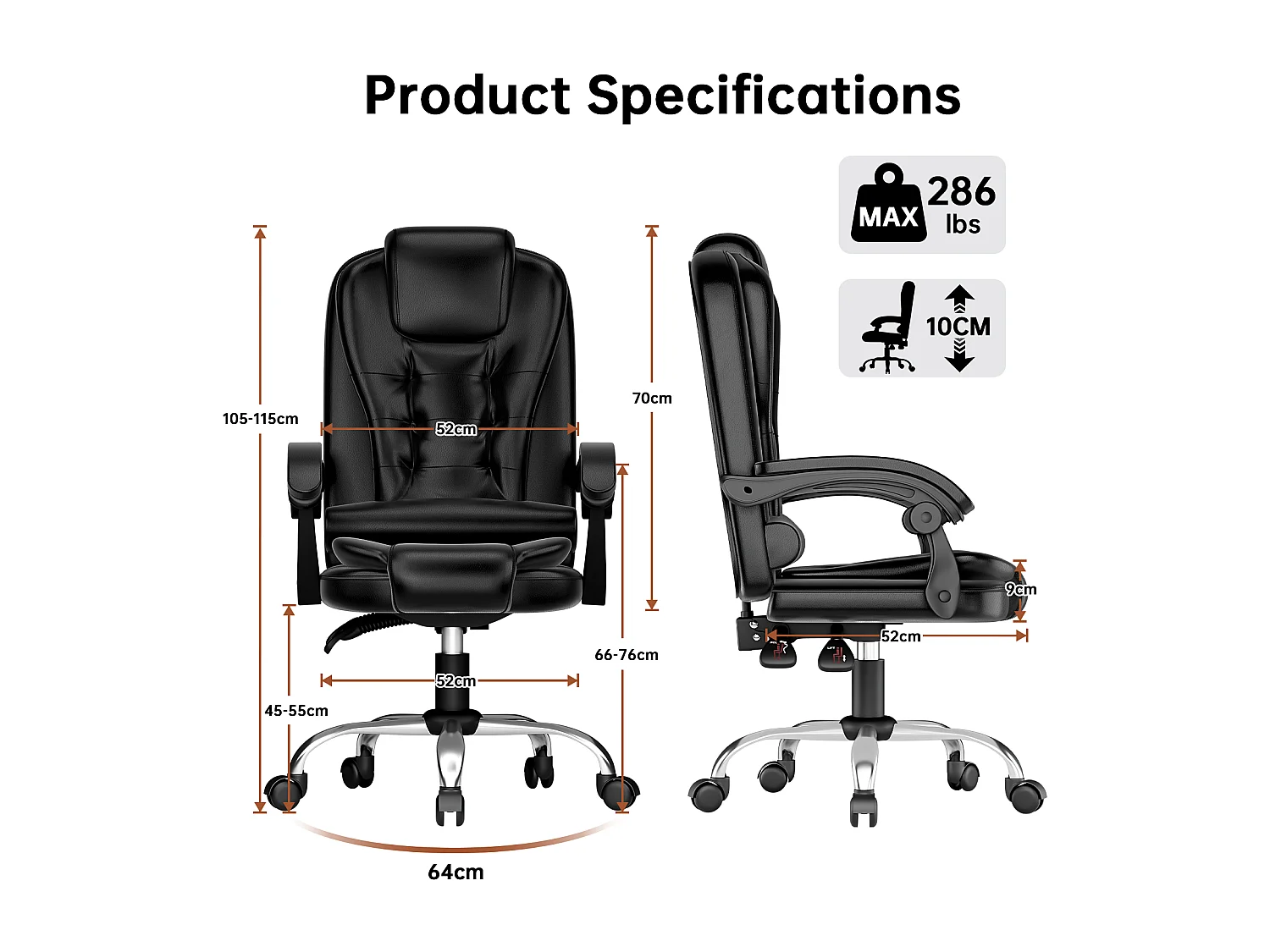 Fauteuil de bureau pivotant moderne à hauteur réglable avec large assise rembourrée