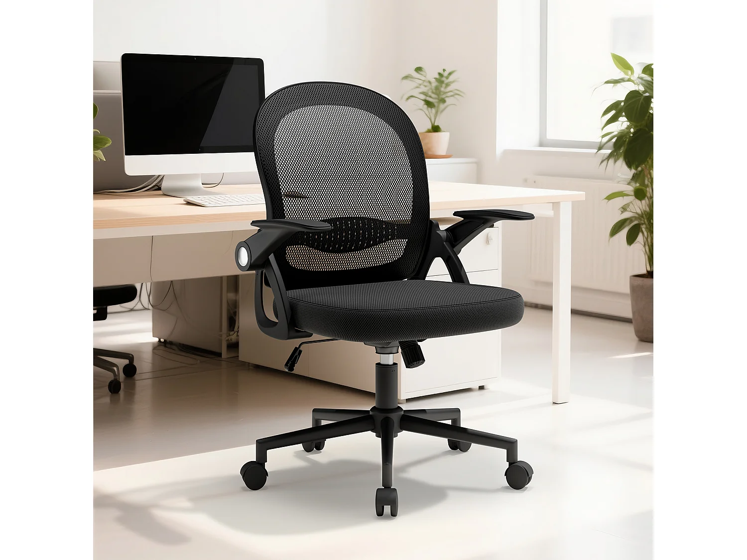 Chaise de bureau ergonomique à dossier moyen en maille, avec accoudoirs rabattables, soutien lombaire et fonction pivotante