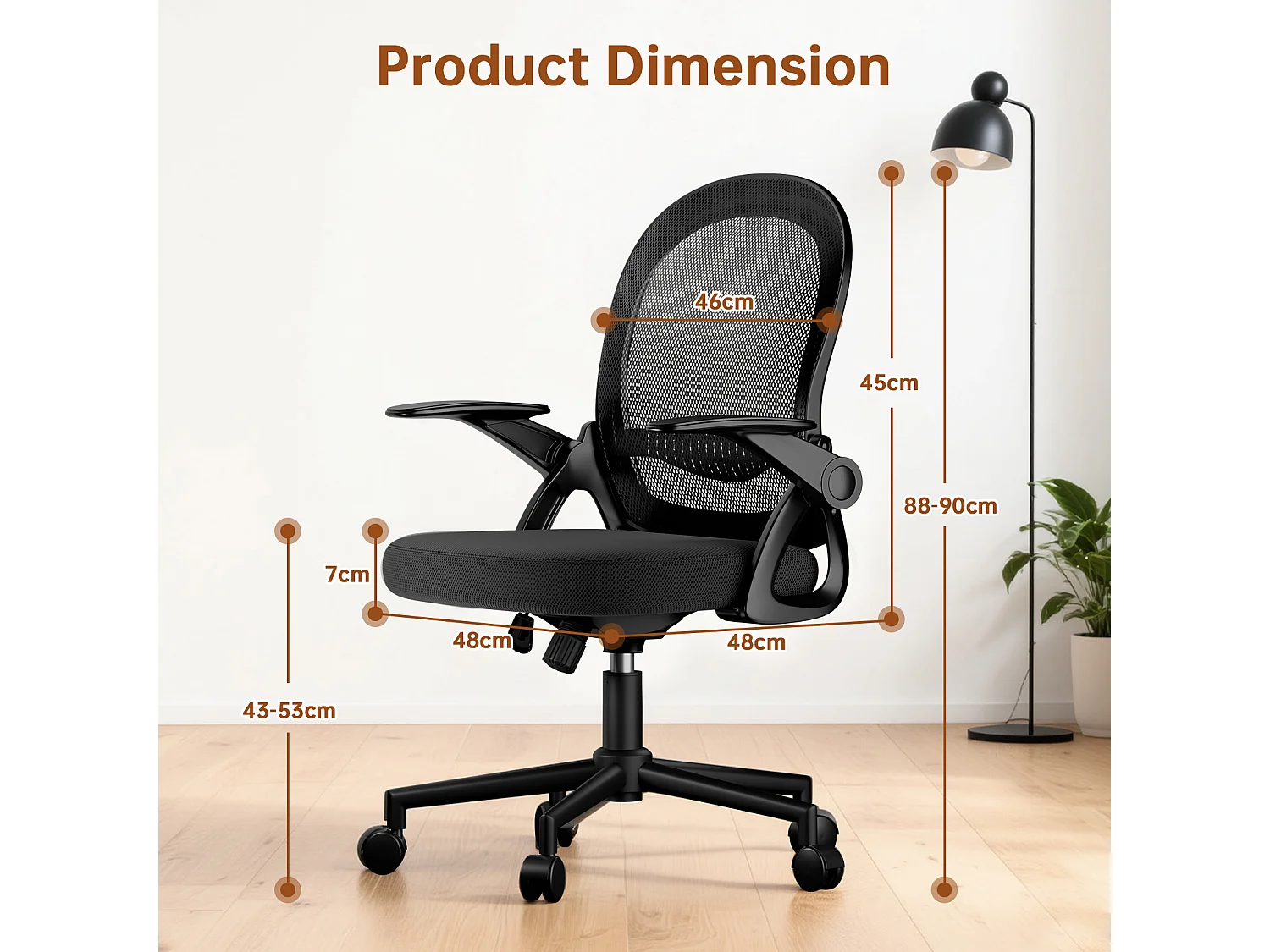 Chaise de bureau ergonomique à dossier moyen en maille, avec accoudoirs rabattables, soutien lombaire et fonction pivotante