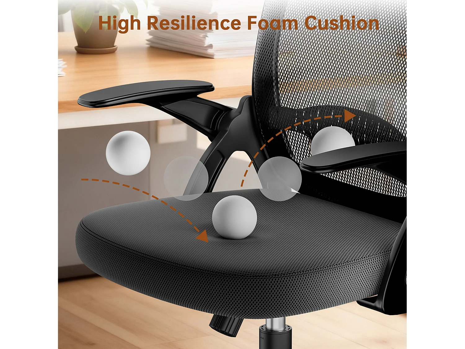 Chaise de bureau ergonomique à dossier moyen en maille, avec accoudoirs rabattables, soutien lombaire et fonction pivotante