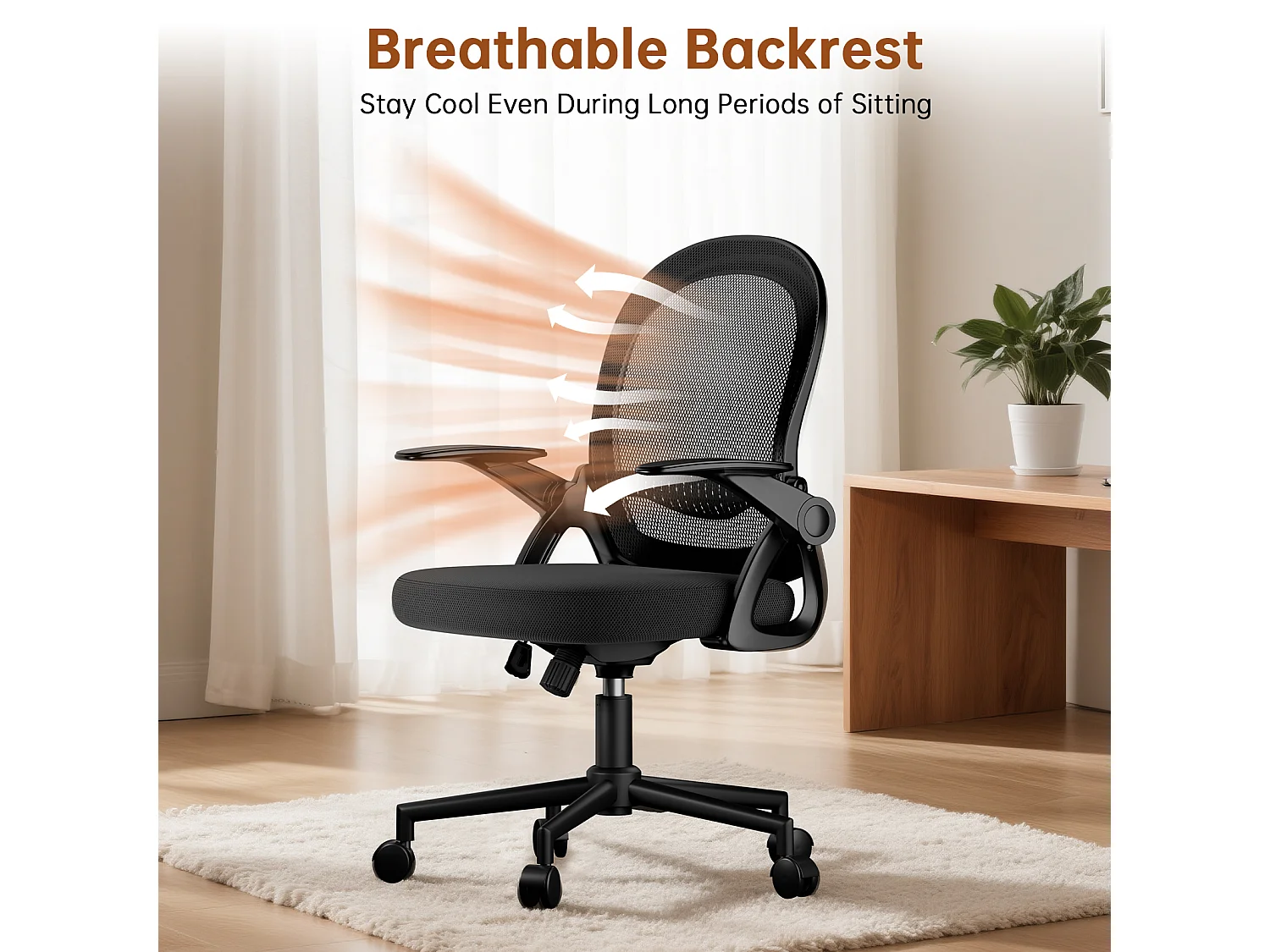 Chaise de bureau ergonomique à dossier moyen en maille, avec accoudoirs rabattables, soutien lombaire et fonction pivotante