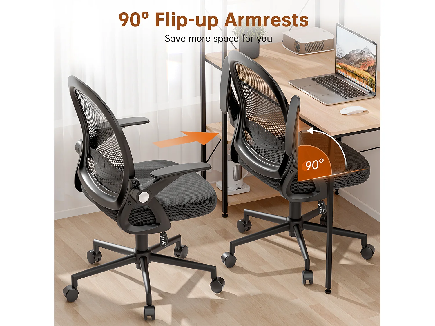 Chaise de bureau ergonomique à dossier moyen en maille, avec accoudoirs rabattables, soutien lombaire et fonction pivotante