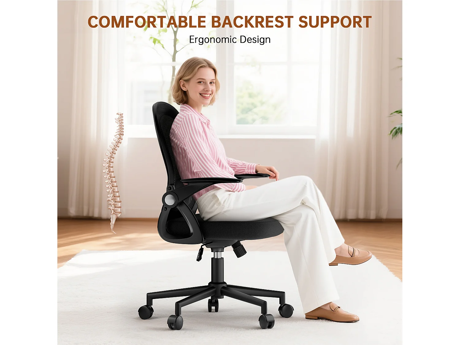 Chaise de bureau ergonomique à dossier moyen en maille, avec accoudoirs rabattables, soutien lombaire et fonction pivotante