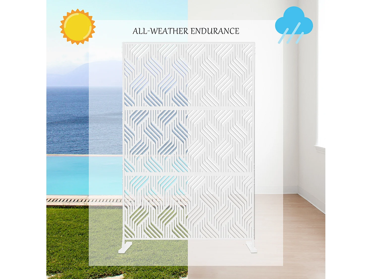 Panneau décoratif en métal, cloison séparatrice d’extérieur ou d’intérieur, panneau brise-vue, paravent en acier, design moderne - Blanc/Motif