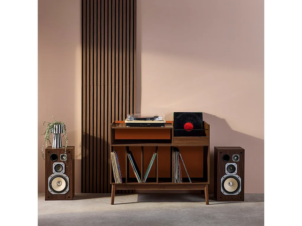 Meuble vinyle vintage bicolore décor bois et fond coloré 100cm orange - Nepal
