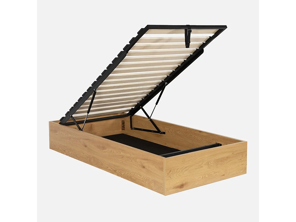 Letto contenitore con rete a doghe 90x190cm decorazione legno, quercia