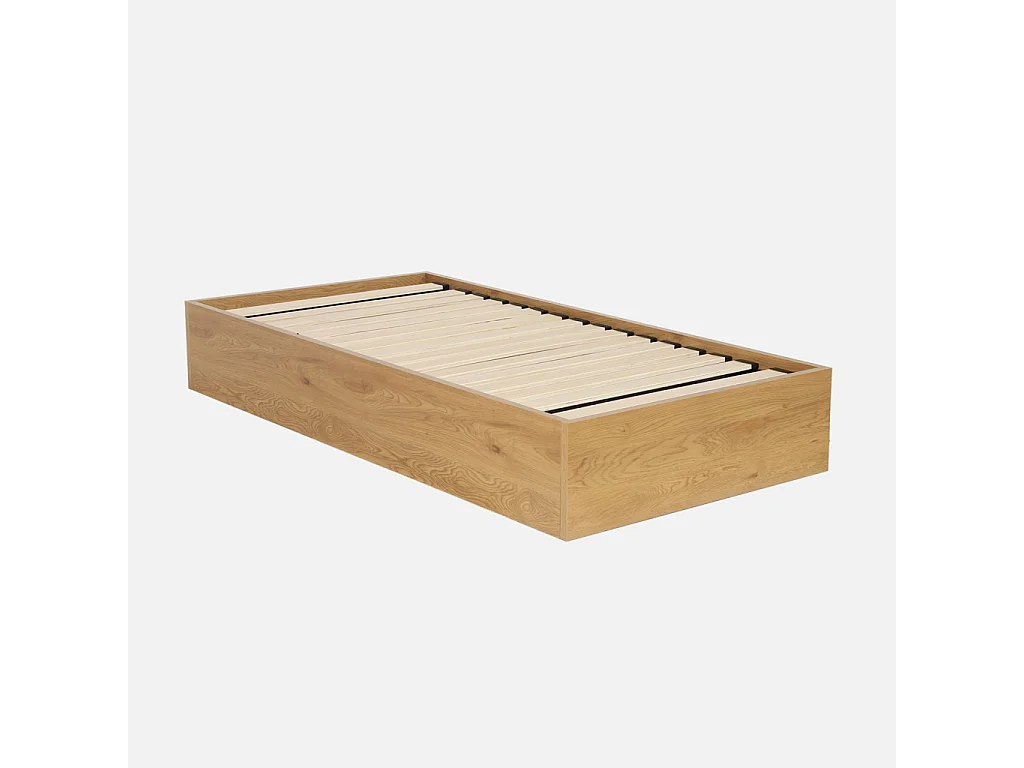 Letto contenitore con rete a doghe 90x190cm decorazione legno, quercia