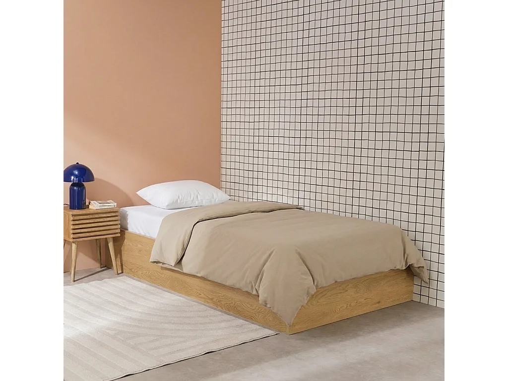 Letto contenitore con rete a doghe 90x190cm decorazione legno, quercia